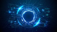 Futuristic blue digital technology interface with glowing circular HUD display and circuit board elements for sci-fi design projects.