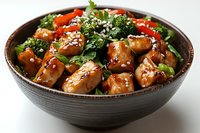 Glazed chicken pieces with broccoli, red bell peppers and sesame seeds served in dark ceramic bowl, garnished with fresh herbs for Asian cuisine menu.