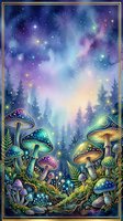 Enchanted forest floor with glowing mushrooms and bioluminescent plants beneath a starry night sky with aurora lights and cosmic nebula clouds.