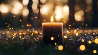 Glowing candle illuminates magical garden scene with delicate blue flowers and sparkling bokeh lights creating dreamy atmosphere at dusk.