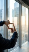 Business professional making frame gesture with hands in modern office overlooking city skyline for vision planning and goal setting concepts.
