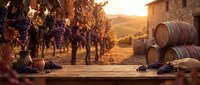 Vineyard harvest scene with ripe grapes, wooden barrels and rustic winery building at golden sunset. Wine production and agriculture concept for marketing materials.