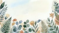 Watercolor botanical frame with ferns, leaves, and wildflowers in muted earth tones on cream background. Isolated design element for invitations, cards, and web graphics.
