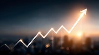 Glowing upward arrow chart over blurred city skyline at sunset showing business growth, financial success, and market performance trends for corporate presentations.