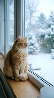 Ginger cat sitting on windowsill looking outside at snowy winter landscape with falling snow and evergreen trees, cozy indoor scene for seasonal and pet-related projects.