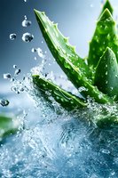 Fresh aloe vera leaves with water splashes and droplets on blue background, natural organic skincare ingredient for cosmetic and wellness products.