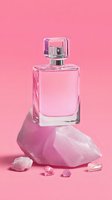 Luxury pink perfume bottle with rose quartz crystals on pastel background for beauty and cosmetics branding.