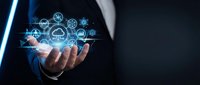 Businessman hand presenting digital cloud computing technology icons and data analytics symbols for modern business solutions.
