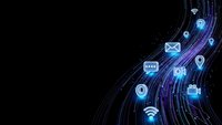 Digital communication icons flowing on curved light trails against black background for technology and connectivity concepts.