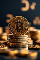 Golden bitcoin cryptocurrency coin standing on stack of coins against dark background with warm lighting and bokeh effect. Suitable for finance articles.