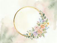 Golden circular frame adorned with watercolor roses, lavender, and eucalyptus foliage on soft pastel background. Isolated design element for invitations, greeting cards, and wedding stationery projects.