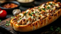 Stuffed baguette with melted cheese, herbs and toppings on cooling rack. Perfect for restaurant menus, food blogs and culinary advertising materials.
