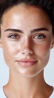 Close-up portrait of young woman with natural freckles, amber eyes, and glowing skin against white background, showcasing natural beauty and facial features.