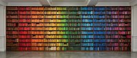 Colorful bookshelf wall displaying rainbow-organized books from red through violet, creating vibrant gradient pattern. Perfect for library, education, and interior design projects.