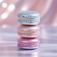 Stack of colorful French macarons in silver, pink and magenta shades on soft pastel background with bokeh lights, sweet dessert photography for bakery menu.