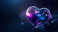 Glowing heart shape with liquid splash effect in blue and purple colors against dark background with bokeh lights, romantic love concept for valentines designs.