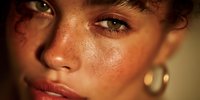 Young woman with freckled skin and natural makeup in warm golden light. Close-up portrait showing glowing complexion and earrings for beauty and skincare concepts.
