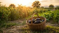 Wicker basket filled with fresh purple eggplants in organic vegetable garden during golden hour sunset. Farm-to-table harvest concept for healthy eating.