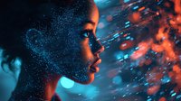 Young African American woman profile with glowing blue sparkles and orange light effects against dark background, artistic beauty portrait with magical atmosphere.