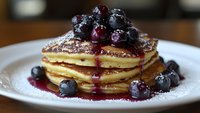 Stack of golden pancakes topped with fresh blueberries and berry syrup on white plate, breakfast food concept for restaurant menu design.