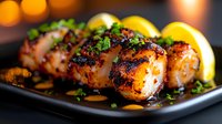 Grilled scallops with citrus garnish on black plate, seared to golden brown with caramelized crust, drizzled in herb sauce and topped with fresh herbs and lemon slices.