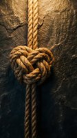 Natural jute rope tied in heart-shaped knot on rustic wooden background for nautical crafts and romantic decorations.
