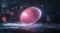 Digital fingerprint scan visualization with glowing pink biometric data and computer code interface in dark cybersecurity environment with particle effects.