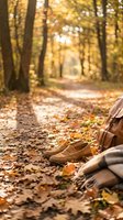 Hiker resting on autumn forest path with fallen leaves and golden sunlight filtering through trees creating peaceful outdoor recreation moment.