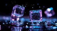 Glowing purple and blue ice cubes splashing in dark water with bokeh lights and droplets creating magical atmosphere for beverage and cocktail photography.