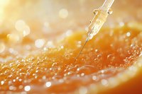 Medical syringe needle close up on orange citrus fruit surface with water drops and bokeh effect in warm golden sunlight, macro photography.