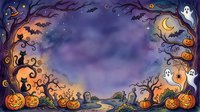 Watercolor Halloween border frame with pumpkins, ghosts, black cats, bats, and spooky trees under a moonlit night sky.