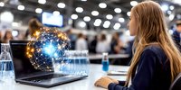 Young Caucasian businesswoman at conference looking at glowing network sphere hologram projection from laptop, digital transformation concept in corporate setting.