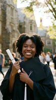 Happy African American female graduate smiling with diploma at university campus ceremony celebrating academic achievement and educational success.