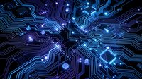 Electronic circuit board with glowing blue and purple neon lights, futuristic technology background for digital innovation and cybersecurity projects.