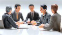 Asian business professionals in formal attire gathered around conference table for corporate meeting, discussing strategy in modern office setting.