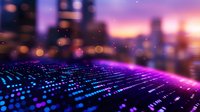Futuristic digital wave with glowing blue and purple binary code pattern on blurred city background, representing data flow and technological advancement.