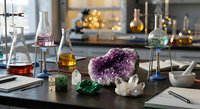 Laboratory workspace with purple amethyst geode, malachite and quartz crystals among scientific glassware and chemical solutions for research experiments.
