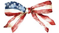 Watercolor bow painted in American flag pattern with red and white stripes and blue field with white stars on white background, isolated patriotic design element.