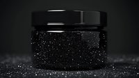 Black glittery cosmetic jar on dark background with sparkle effect, luxury skincare packaging mockup for premium beauty products and cosmetics industry.