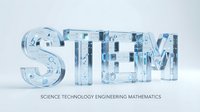 Transparent glass STEM letters with circuit board patterns representing science technology engineering mathematics education and innovation.