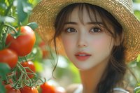 Young Asian woman in straw hat smiling among ripe tomato plants in garden, natural sunlight creating soft glow, fresh organic produce growing on vine.