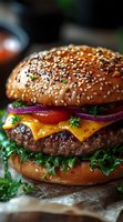 Juicy cheeseburger with melted cheddar, fresh vegetables and sesame bun in close up view. Beef patty garnished with lettuce, tomato and red onion rings.