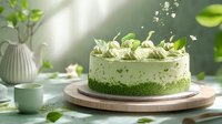 Green matcha mousse cake decorated with white chocolate shavings, fresh flowers and mint leaves on wooden serving board, soft natural lighting creates cozy atmosphere.