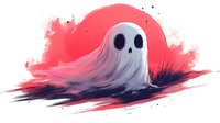 Spooky ghost character with hollow eyes against dramatic red and black watercolor background, floating ethereally in misty atmosphere for Halloween designs.