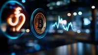 Glowing cryptocurrency Bitcoin symbol with neon chart line graph on dark background, modern financial technology concept with bokeh light effects.
