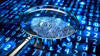 Magnifying glass revealing digital fingerprint on blue binary code background, representing cybersecurity and digital identity verification in technology.