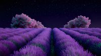 Vibrant purple lavender field rows under starry night sky with blooming pink trees framing the landscape. Perfect for relaxation and aromatherapy designs.