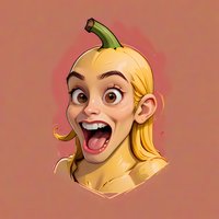 Playful cartoon portrait of excited young woman with blonde hair styled as yellow pumpkin, expressing surprise with wide open mouth and eyes on coral background.
