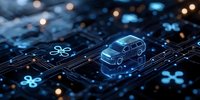 Autonomous vehicle technology concept showing glowing car silhouette on circuit board with digital connections and bokeh lights in blue tones.