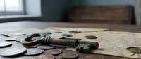 Ancient bronze key with patina lies among old coins and aged documents on wooden surface creating historical archaeology scene for educational content.